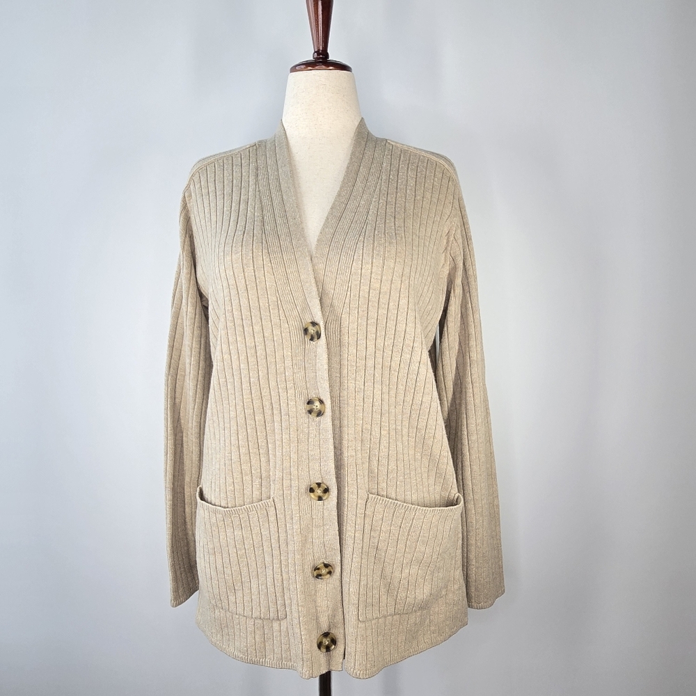 GAP Ribbed Knit Button Front Wool Blend Cardigan Khaki Heather Size S Tall NWOT